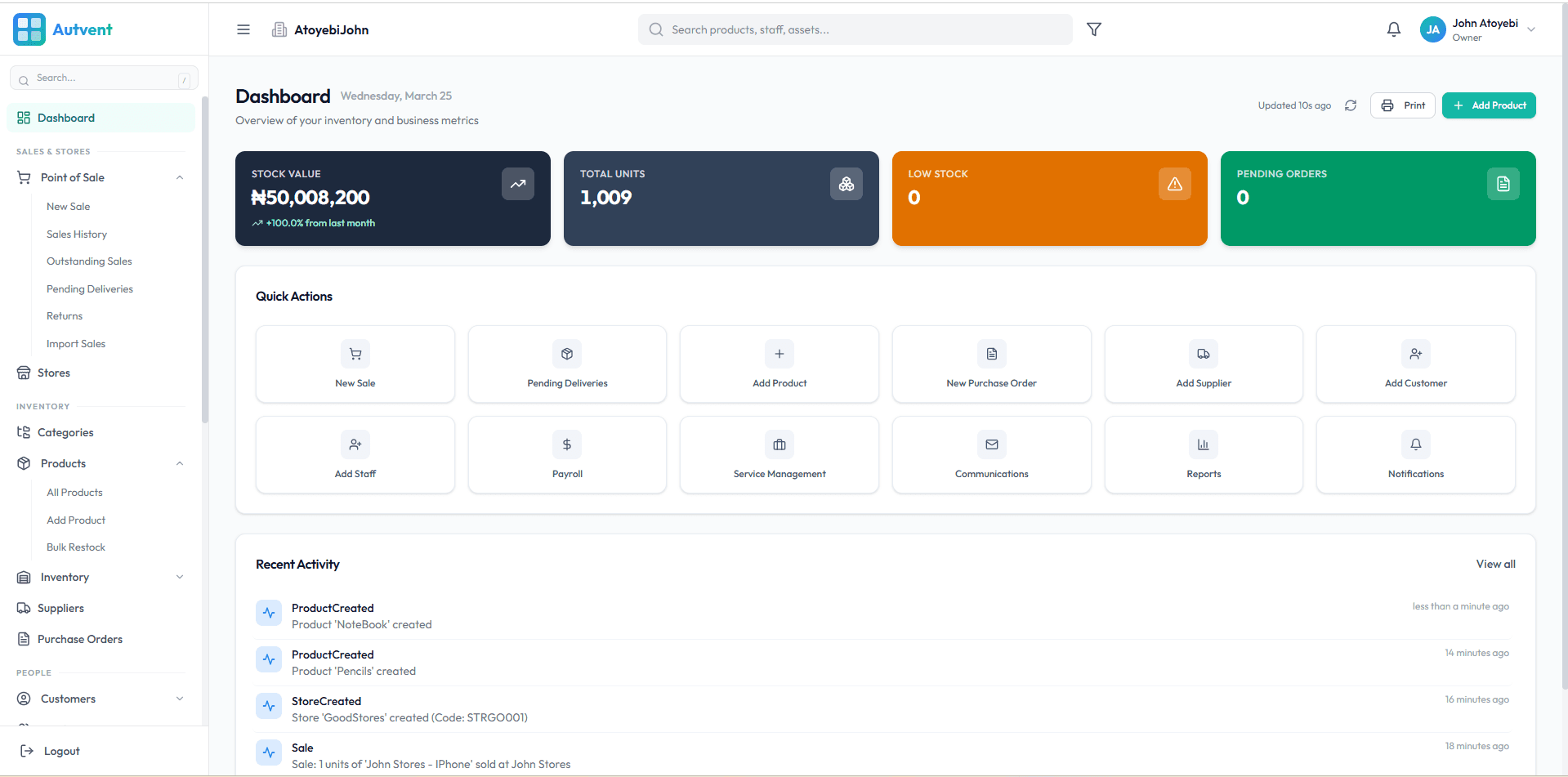 Autvent dashboard showing KPIs, quick actions, and recent activity