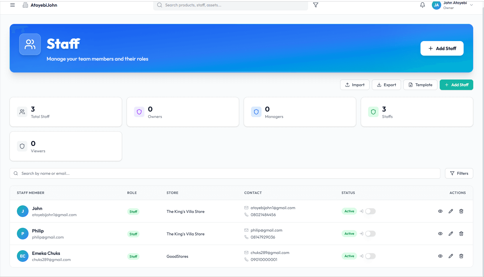 Autvent staff management with team list and roles